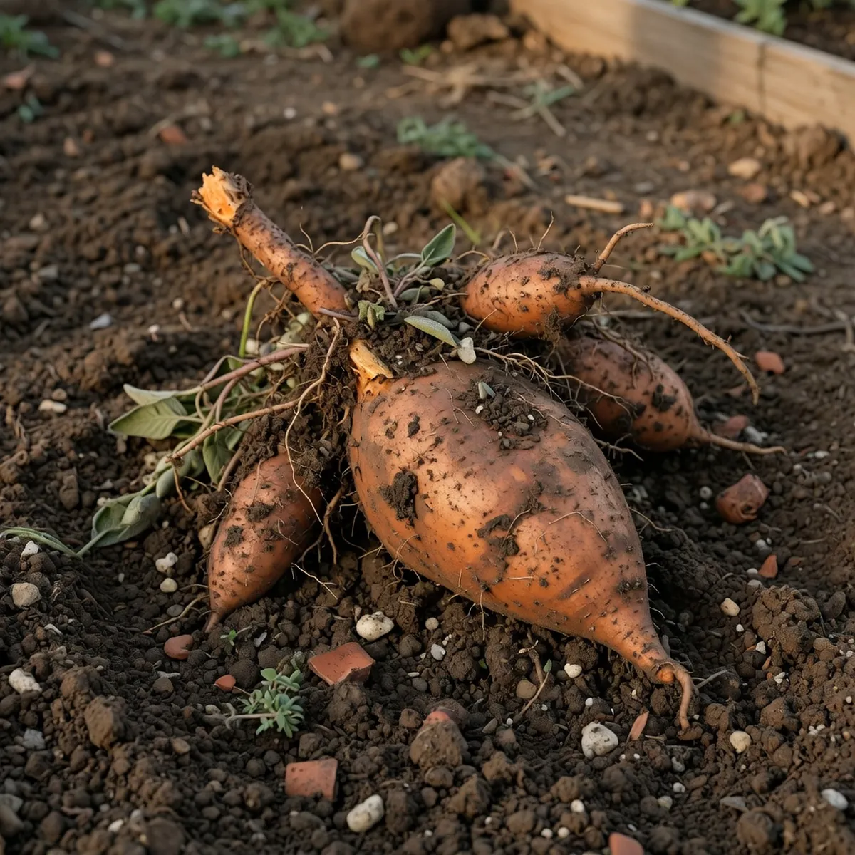 A freshly unearthed sweet potato displays its irregular, swollen tuberous roots clinging to dark soil.