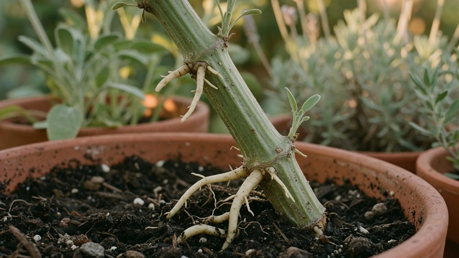 Small adventitious roots emerge from the nodes of a plant stem into moist soil.