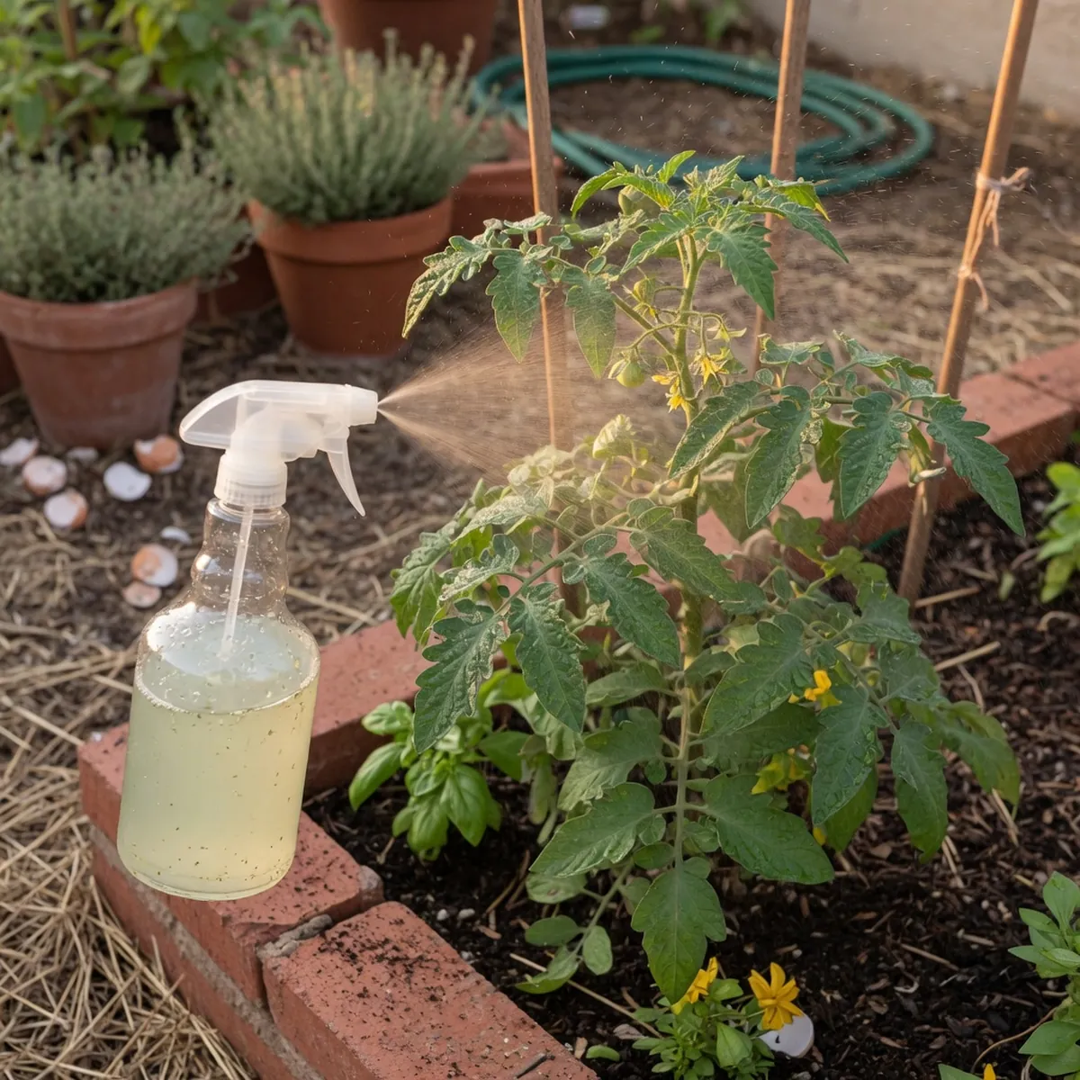 A clear spray bottle misting a vibrant green tomato plant's leaves with a homemade fungicide solution in a sunny garden bed.