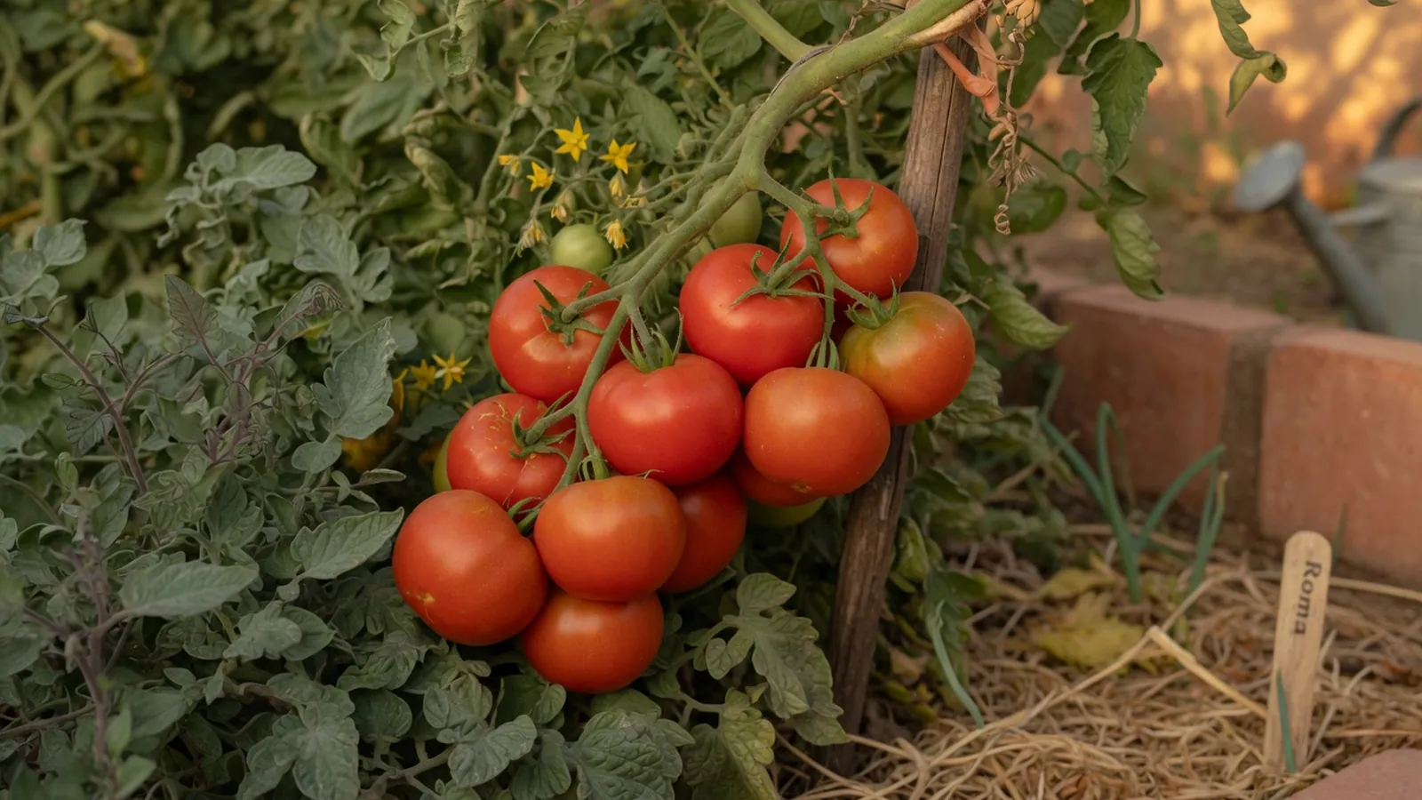 A cluster of ripe red tomatoes hanging from a healthy vine among lush green foliage in a bright garden.