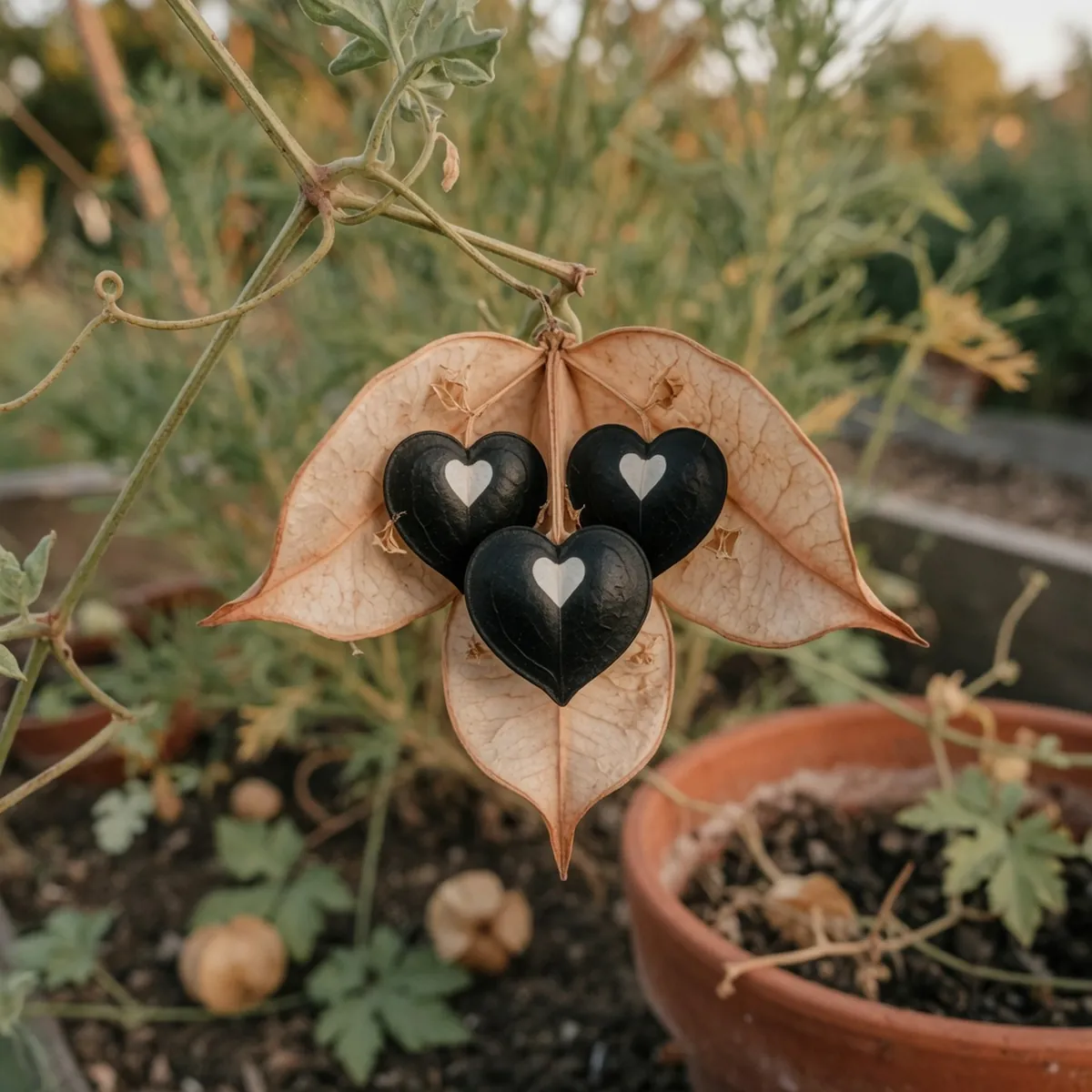 A split open Love-in-a-Puff seed pod revealing three heart-shaped structures inside.
