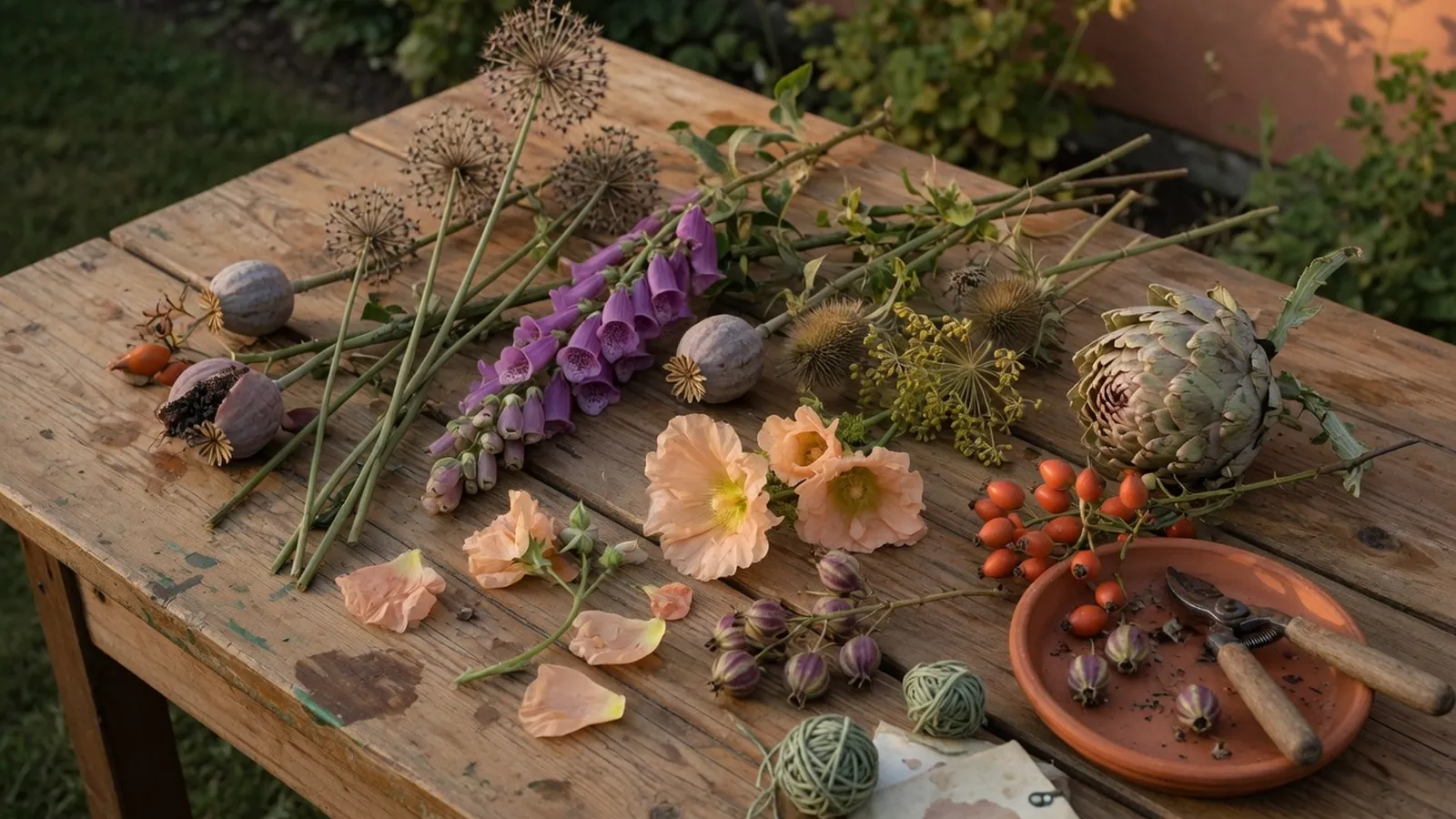 A collection of uniquely shaped flowering plants and seed pods on a wooden table.