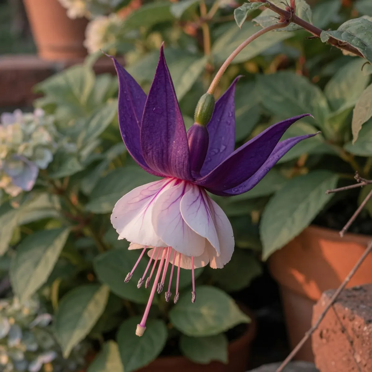 A pendulous fuchsia flower with purple and white petals hanging against a blurred garden background.