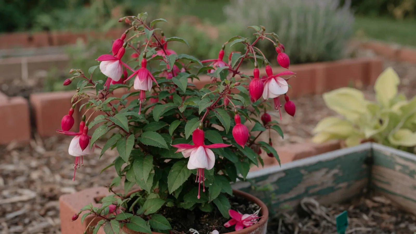 A vibrant fuchsia plant with lush green foliage and colorful pendulous blooms in a garden setting.