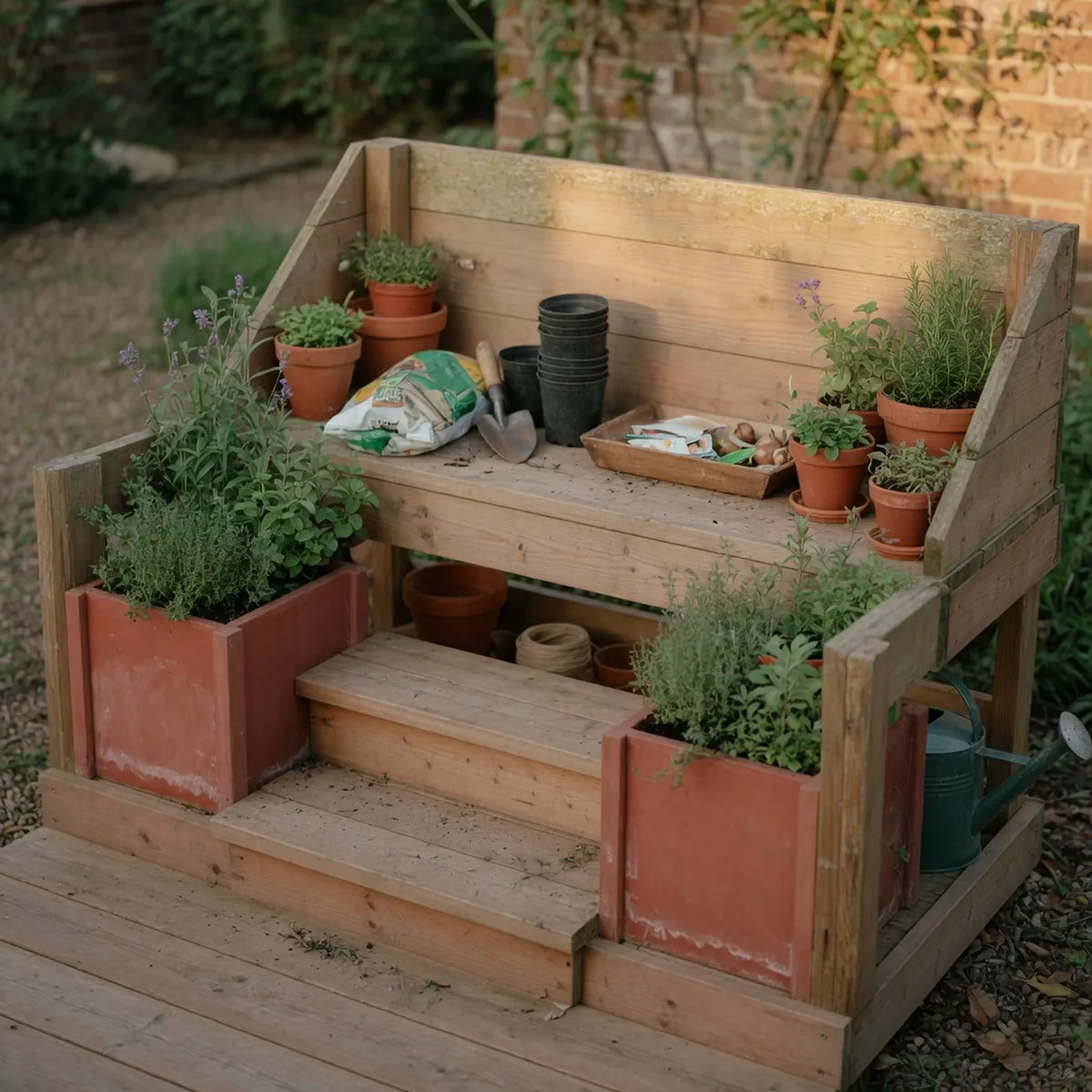 A wooden potting bench featuring corner planters and a central seating step in a sunny garden.