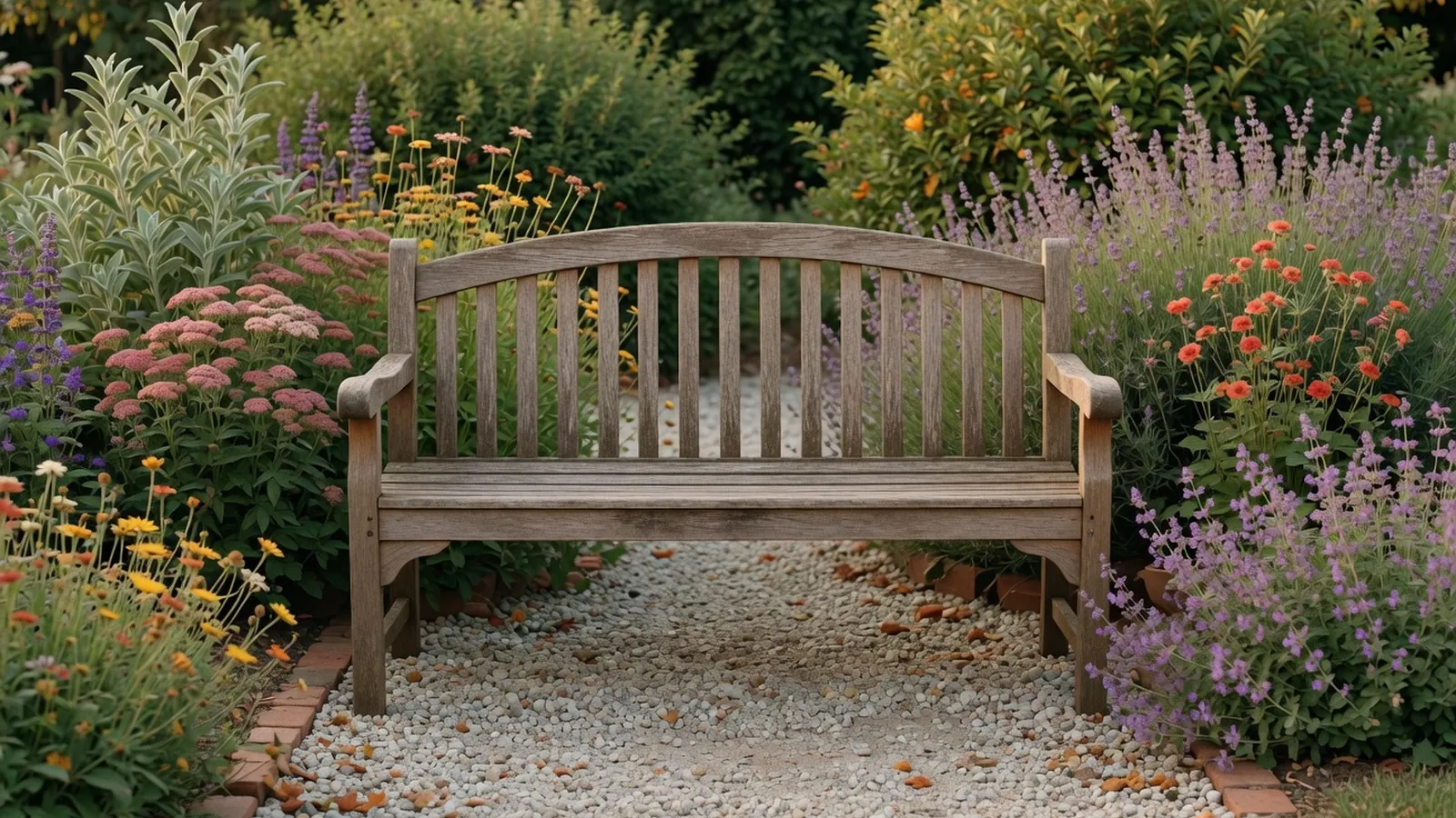 A classic wooden garden bench with a curved backrest situated on a gravel path among blooming perennials.