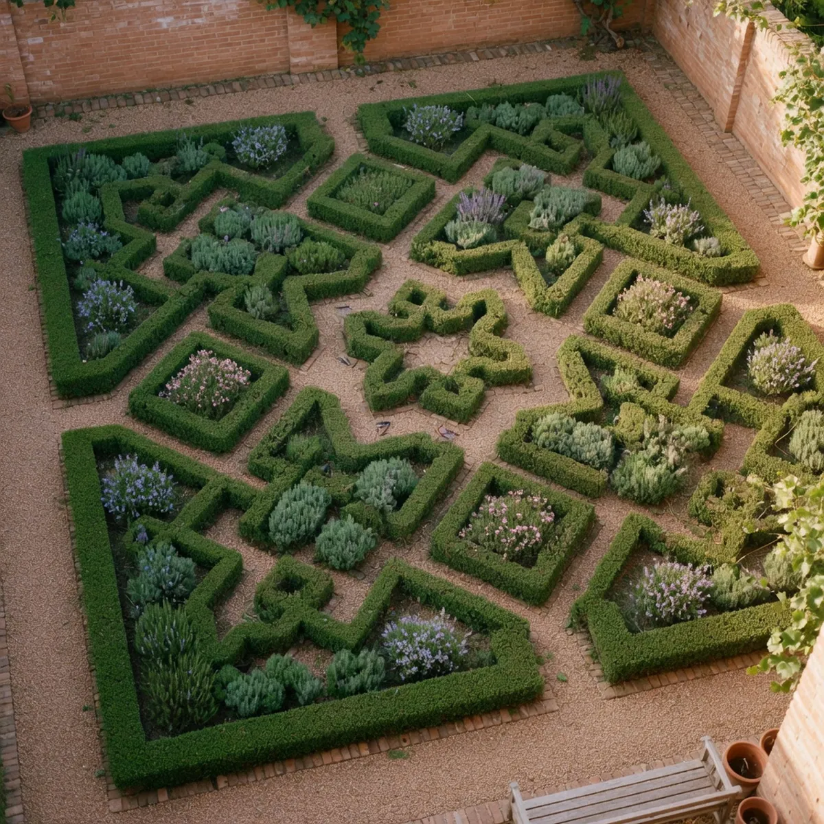 A geometric knot garden with low evergreen hedges and gravel pathways arranged in a tapestry-like pattern.