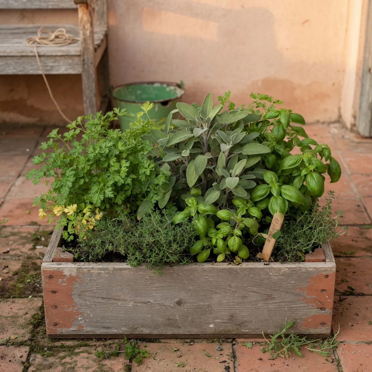 A collection of vibrant culinary herbs growing together in a rustic wooden planter box.