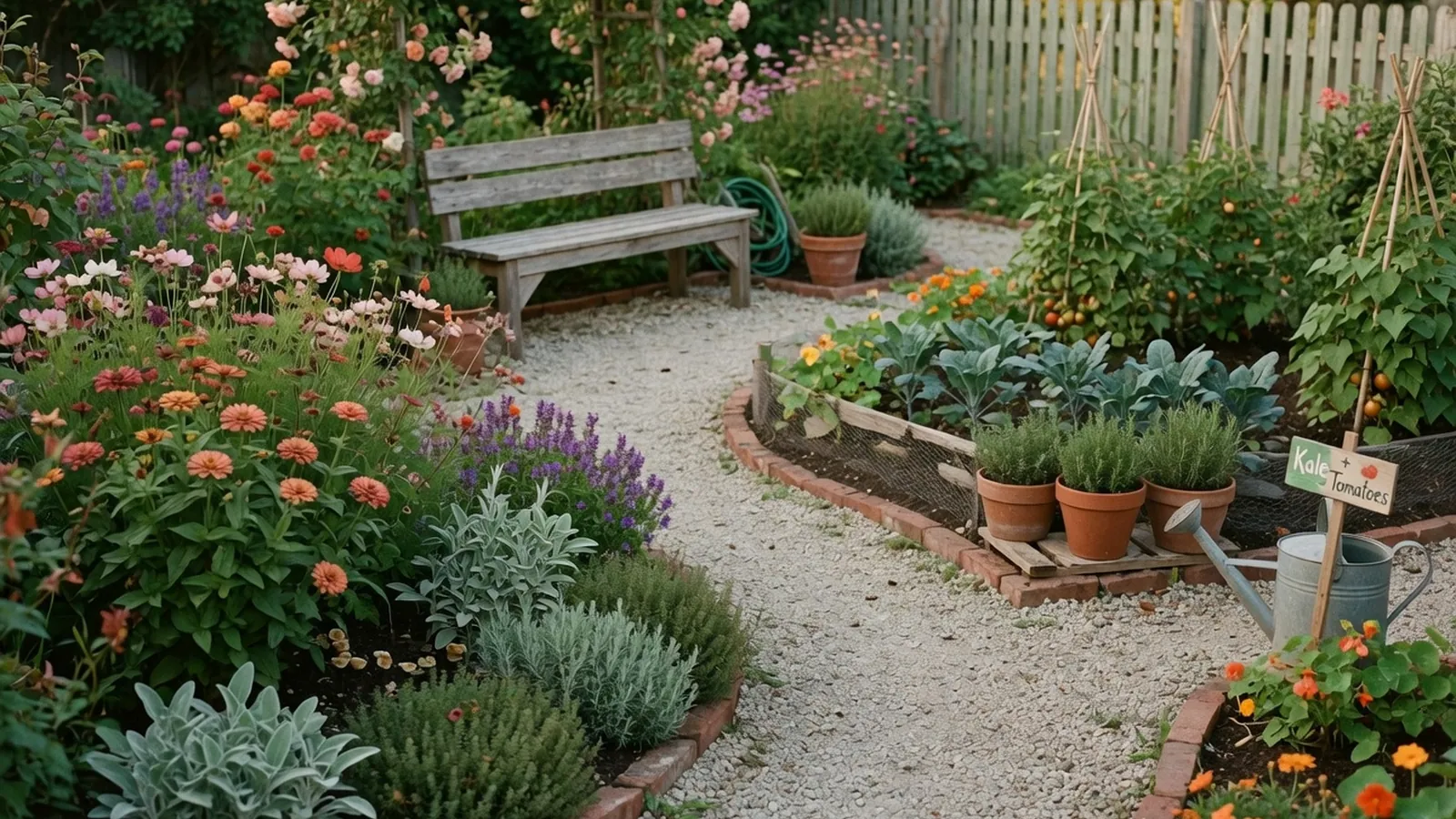 A diverse backyard garden featuring flower beds, a vegetable patch, and a winding gravel path.