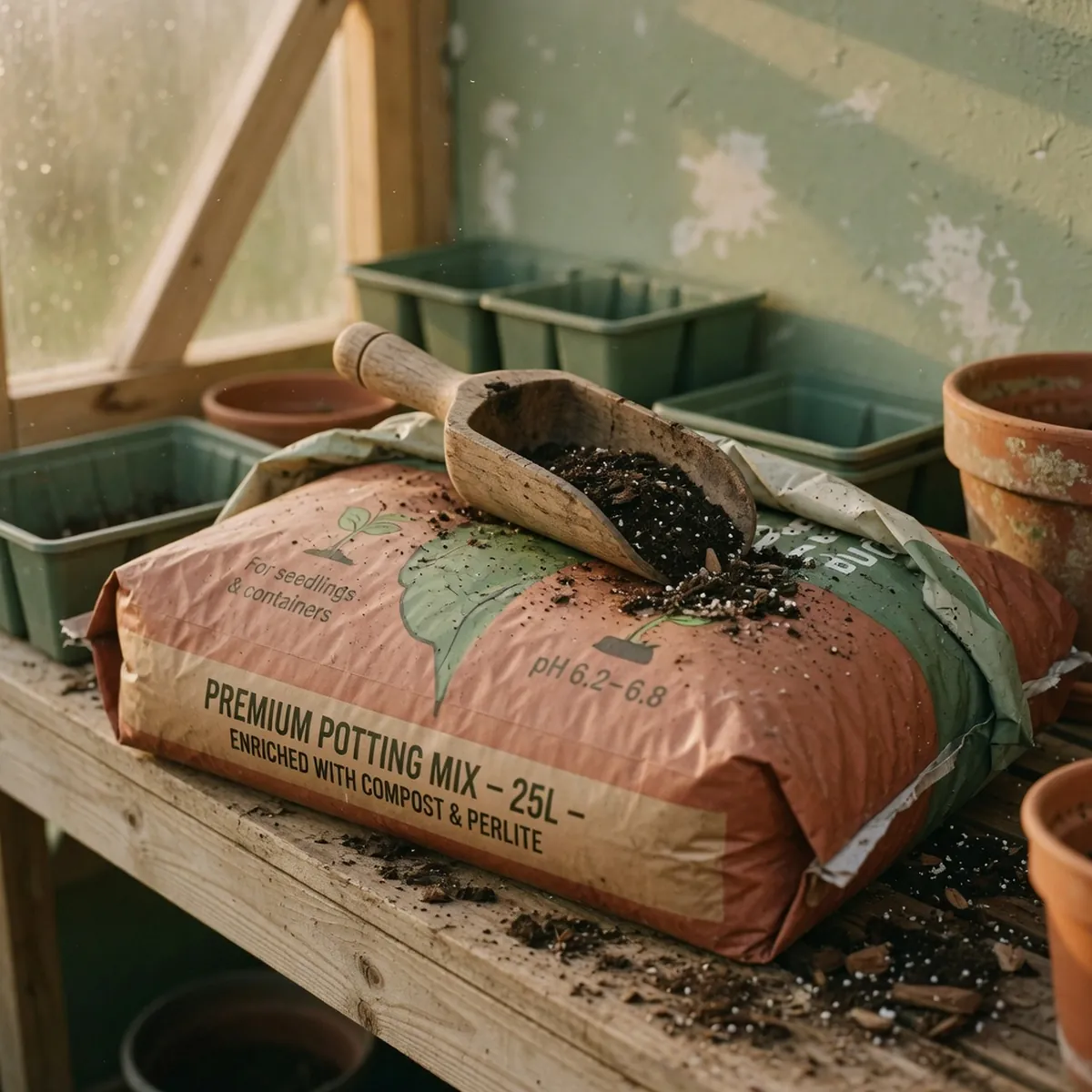 A scoop resting on a bag of light potting mix.