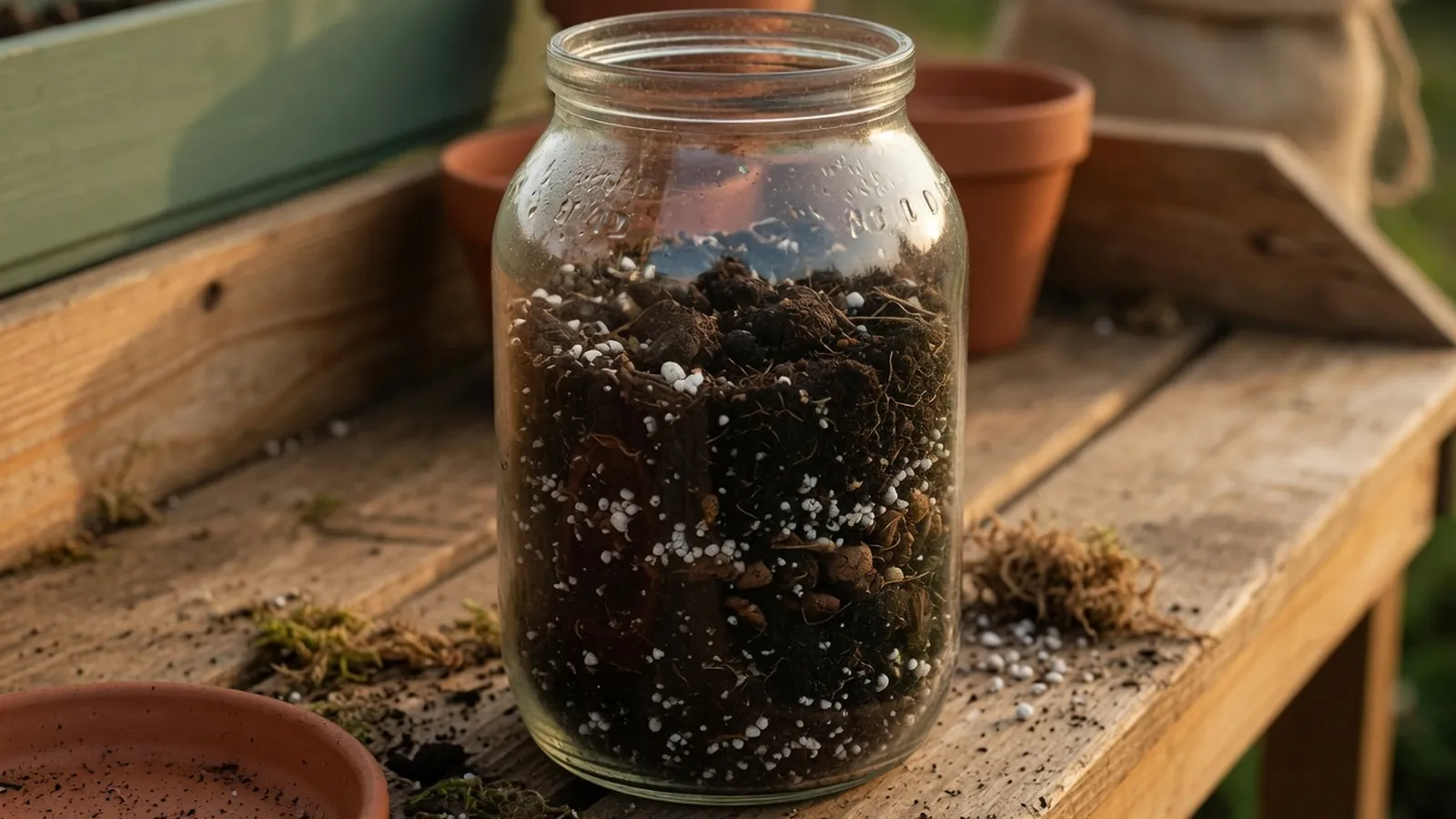 A glass jar filled with dark potting soil mix on a wooden bench.