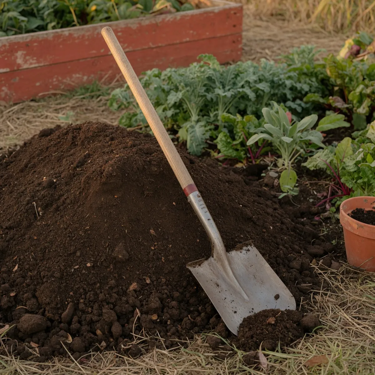 A metal shovel with a wooden handle standing next to a mound of soil.