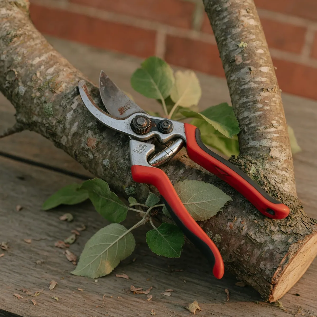 Sharp pruning shears resting on a leafy tree branch ready for trimming.