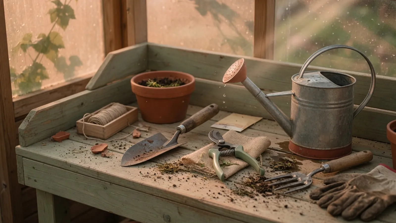 A selection of essential gardening tools arranged on a wooden surface.