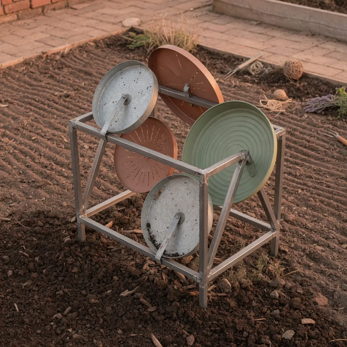 A set of curved metal discs mounted on a steel frame resting on a prepared garden bed.