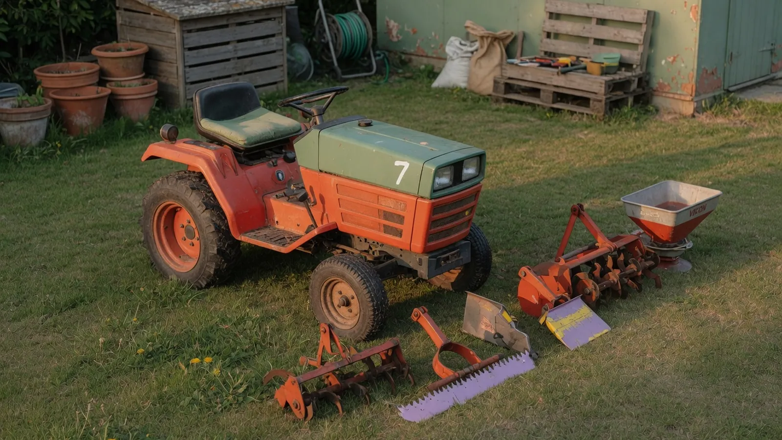 A compact garden tractor parked on a grassy lawn with various metal attachments lined up beside it.