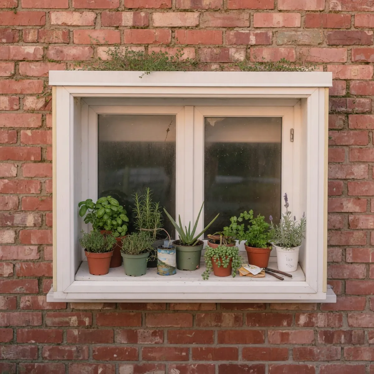 A white vinyl garden window installed in a brick wall with small potted plants on its interior shelf.