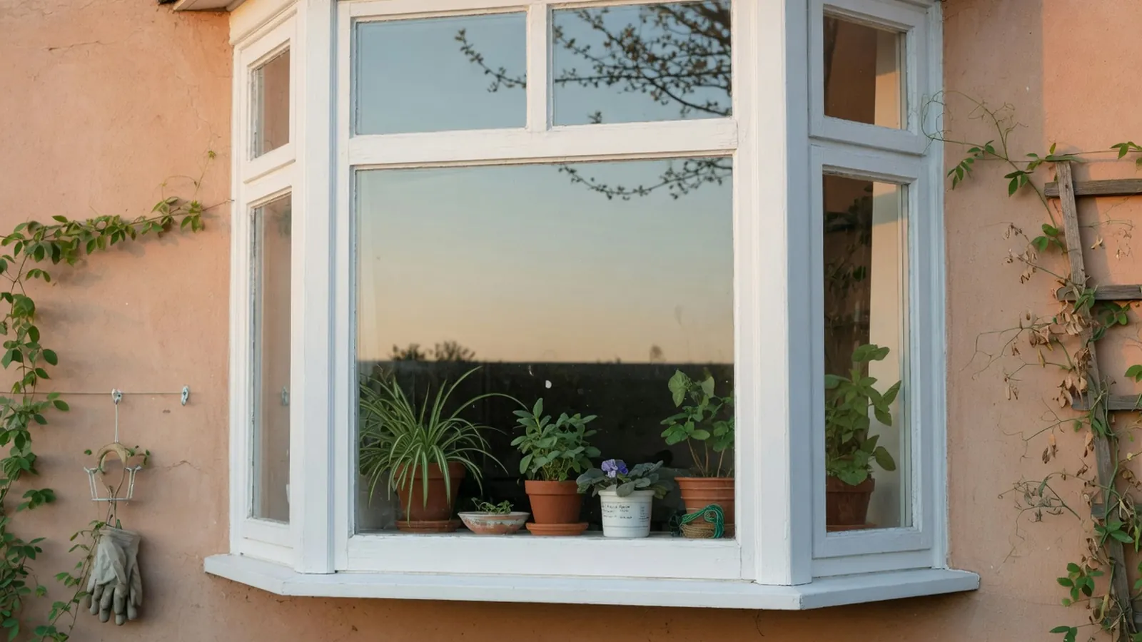 A white garden window extending from a residential exterior wall with plants visible on the interior sill.