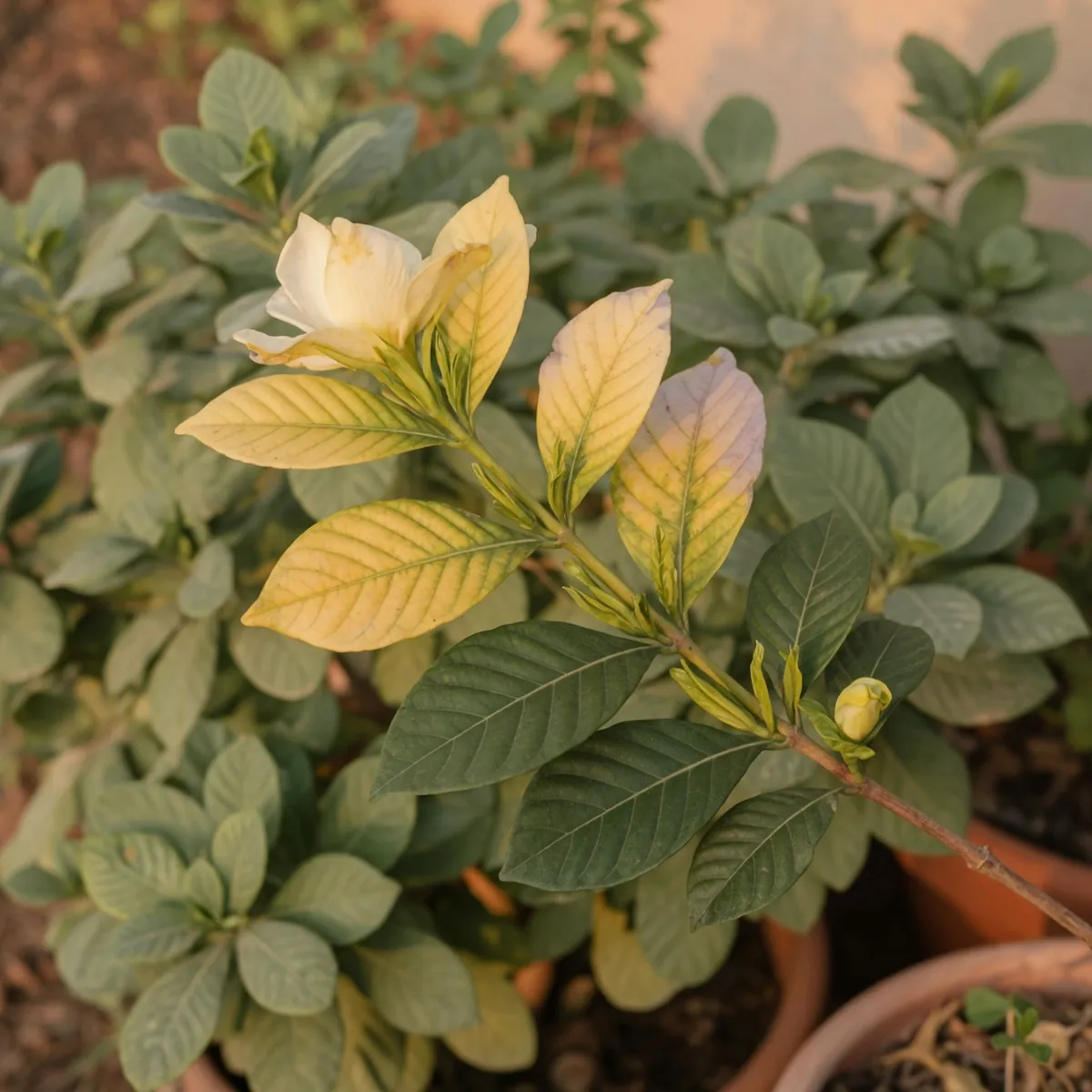 A gardenia branch displaying leaves that have turned pale yellow due to environmental stress.