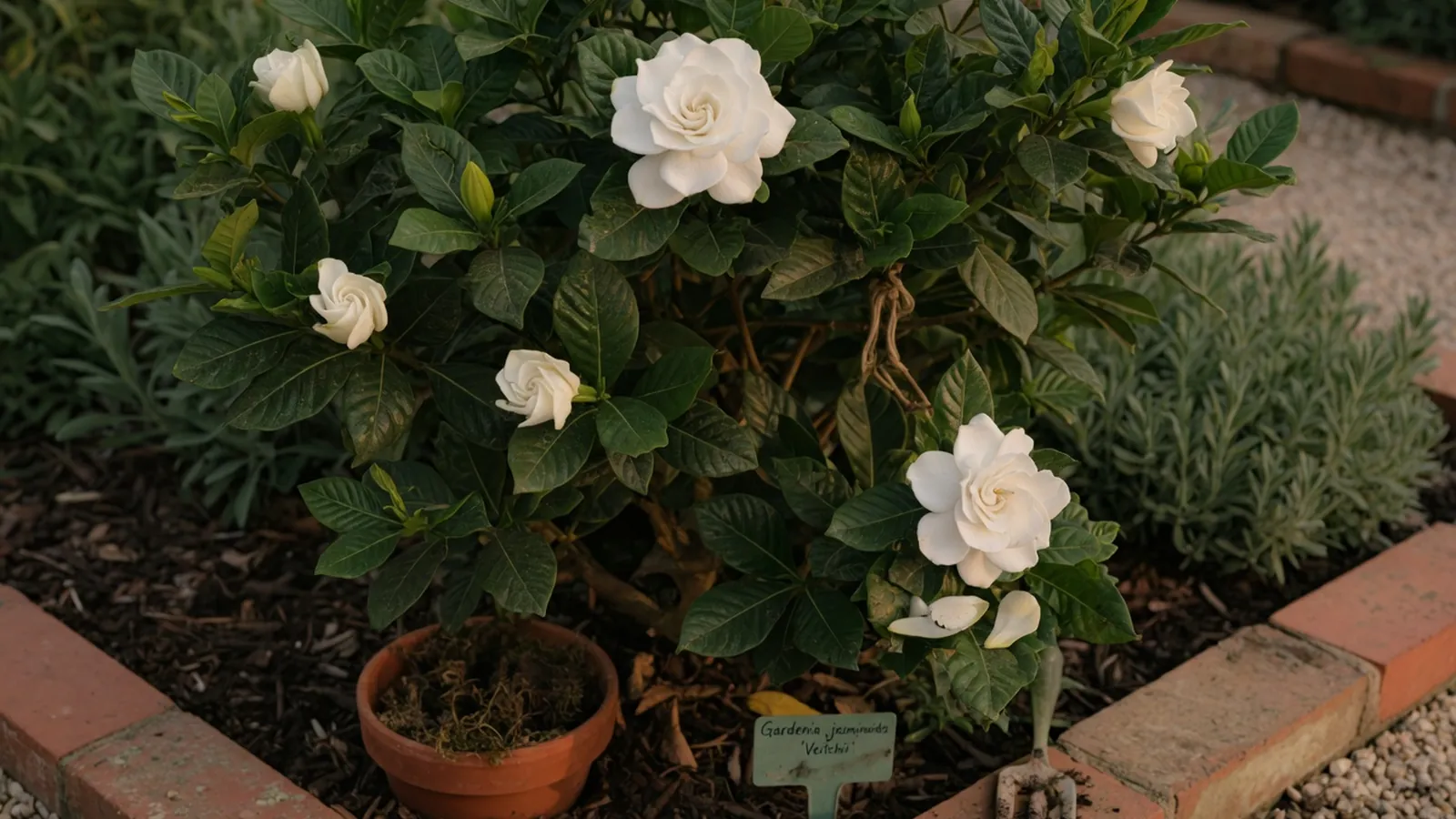 A healthy gardenia shrub displaying glossy foliage and pristine white blooms in a garden bed.