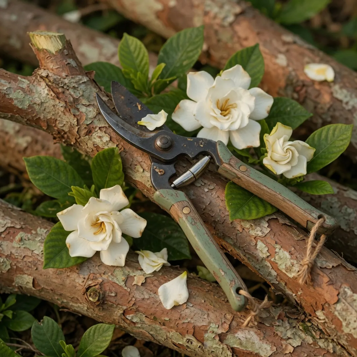 A pair of pruning shears resting on a gardenia branch after trimming spent blooms.
