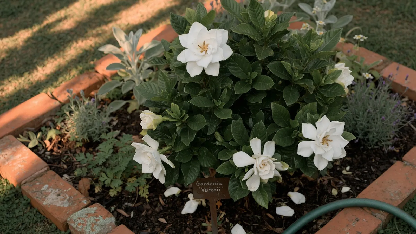 A glossy green gardenia shrub displaying large, waxy white flowers against a soft garden background.