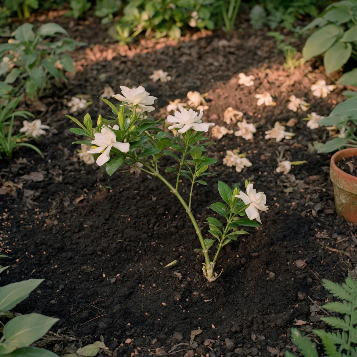 A close-up of a flexible gardenia stem resting against dark, rich soil in a shaded garden bed.