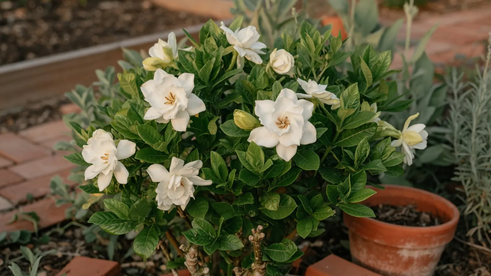 A vibrant gardenia shrub displaying glossy emerald leaves and pristine white summer blooms.