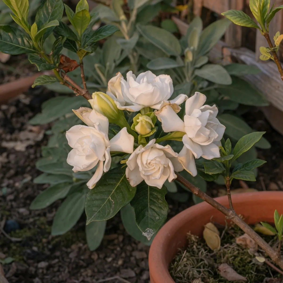 A cluster of creamy white gardenia blossoms with glossy dark green leaves on a garden branch.