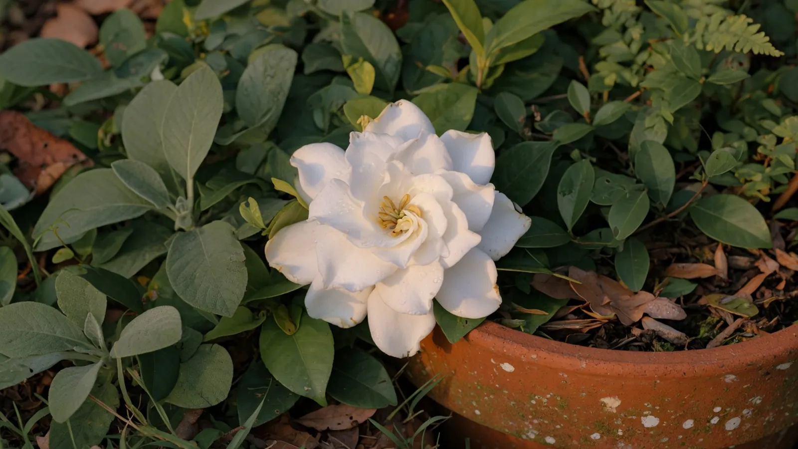 A single pristine white gardenia bloom resting on a bed of lush green foliage.
