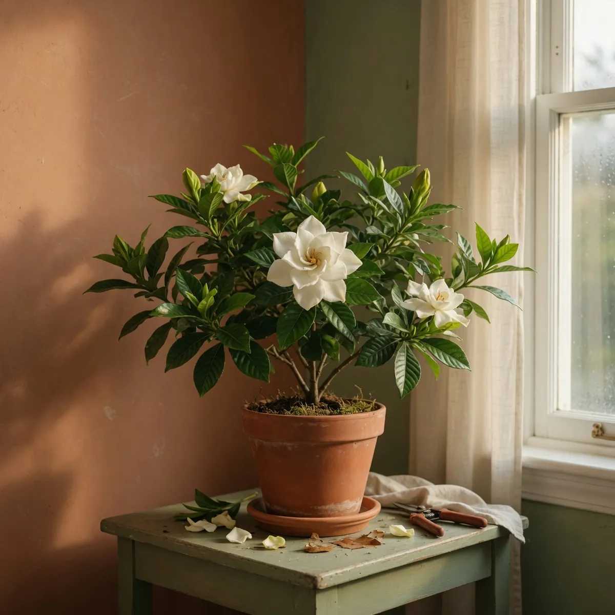 A gardenia shrub with glossy leaves and a white flower placed near a bright window.