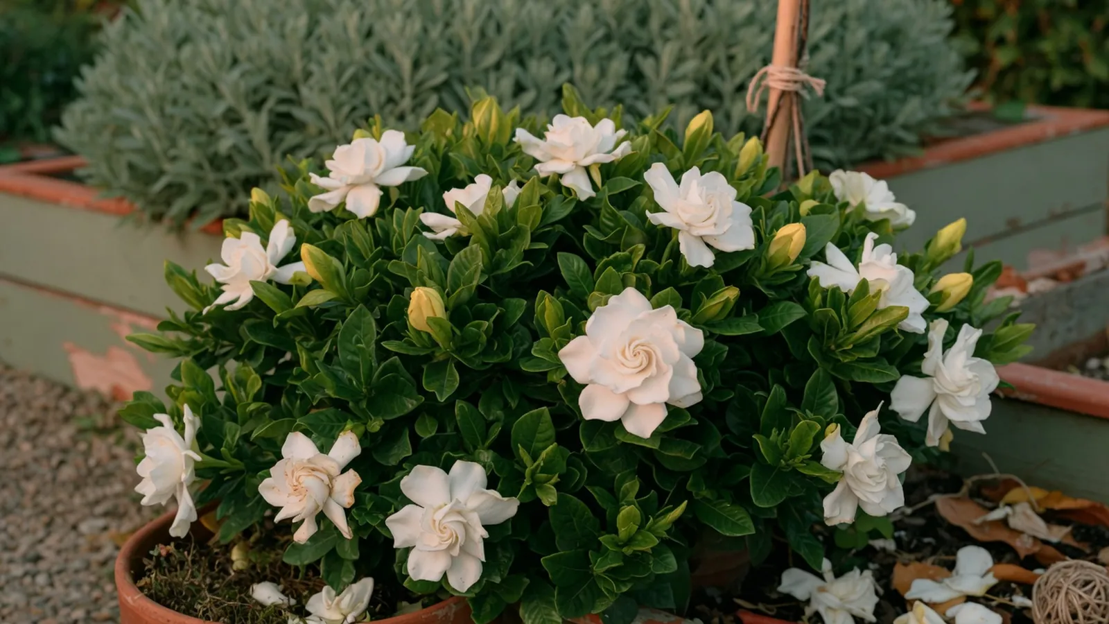 A blooming gardenia shrub with dark green leaves and white flowers in a garden setting.
