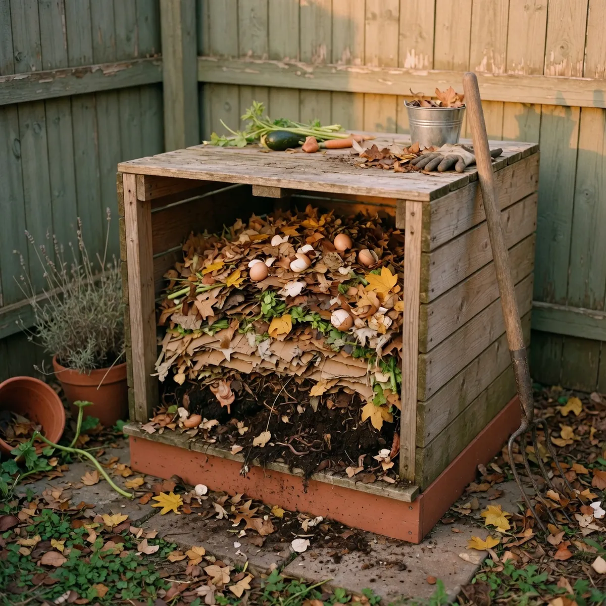A wooden compost bin filled with decomposing leaves and kitchen scraps in a sunny backyard.