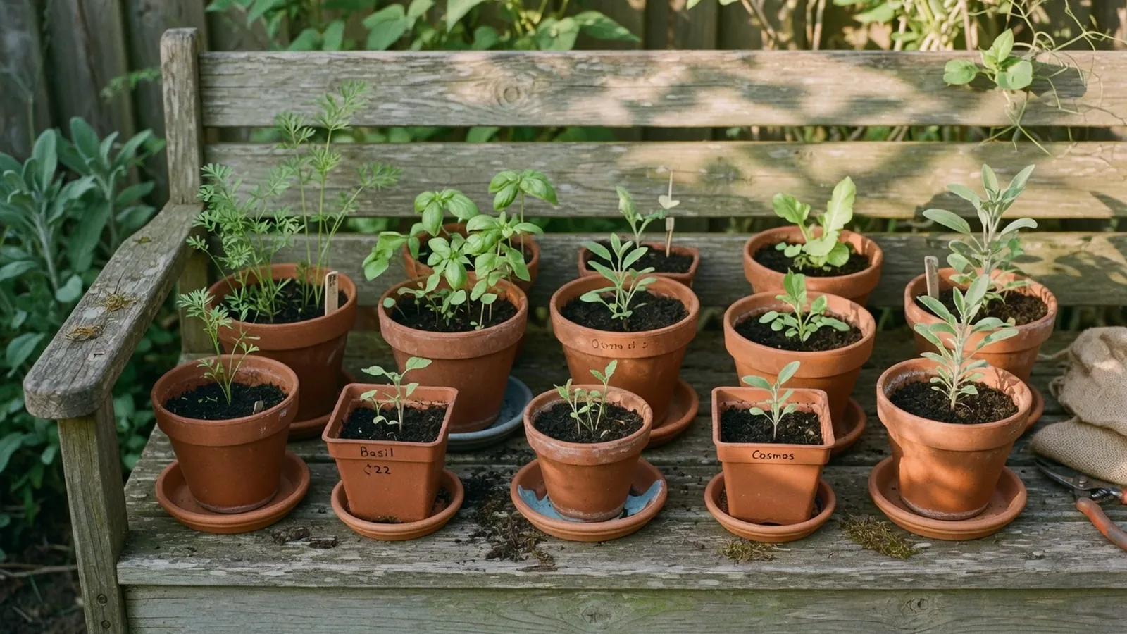 A collection of small terracotta pots with young seedlings arranged on a wooden garden bench.