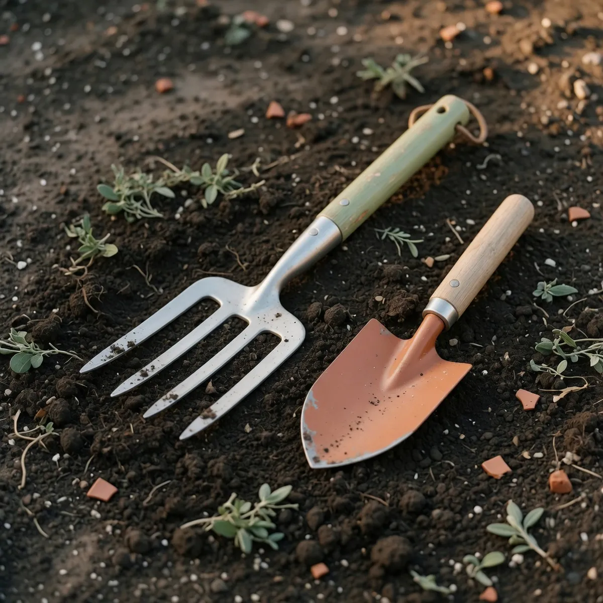 A lightweight metal digging fork resting on dark soil beside a small hand shovel.