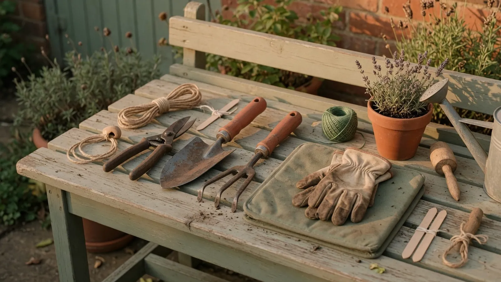 A collection of essential gardening tools arranged neatly on a wooden garden bench.
