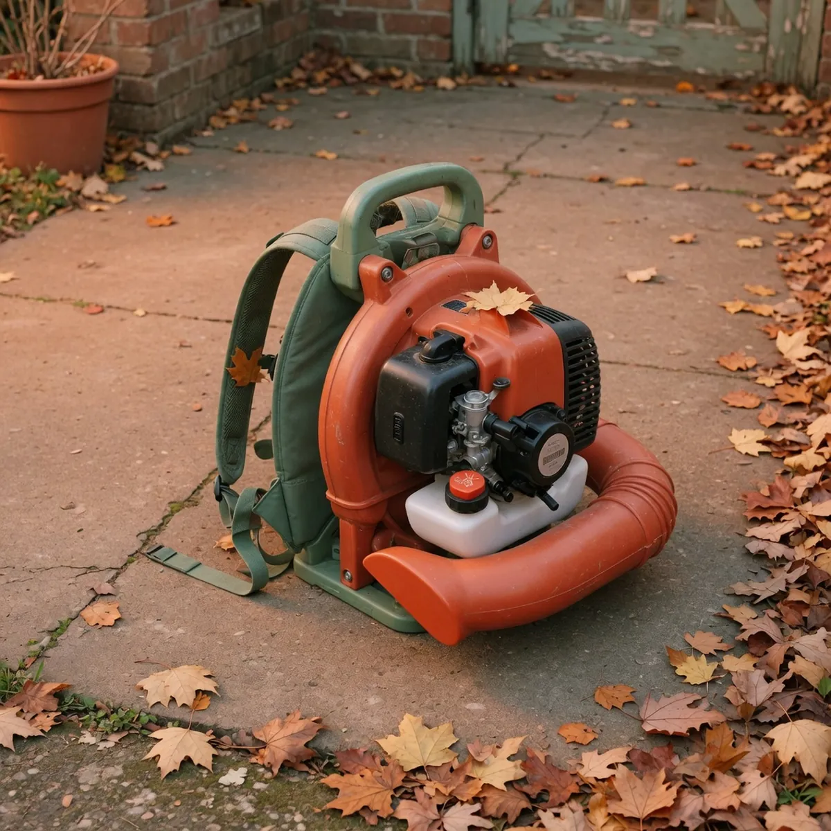 A backpack-style gas blower standing upright on a paved driveway.