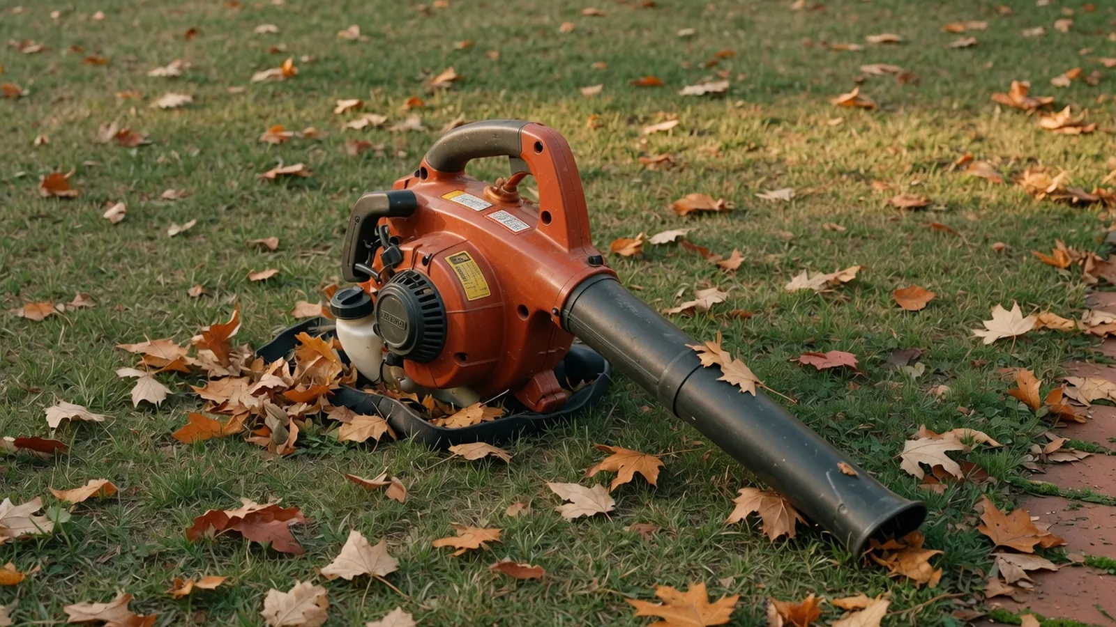 A handheld gas blower resting on a lawn scattered with dry autumn leaves.