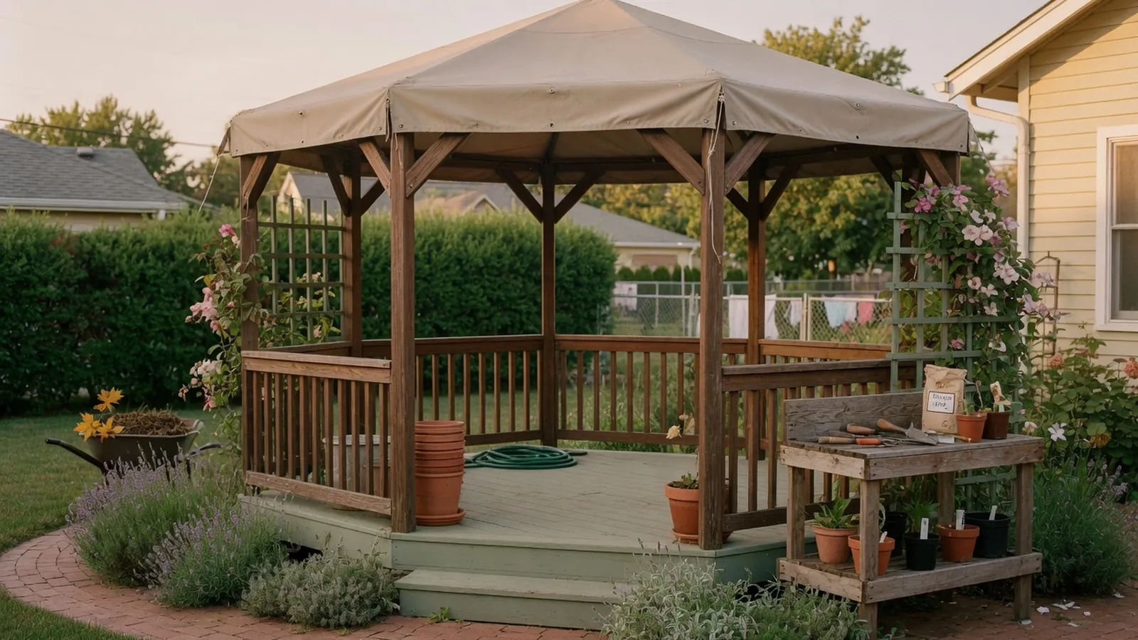 A wooden garden gazebo covered by a protective fabric canopy on a sunny day.