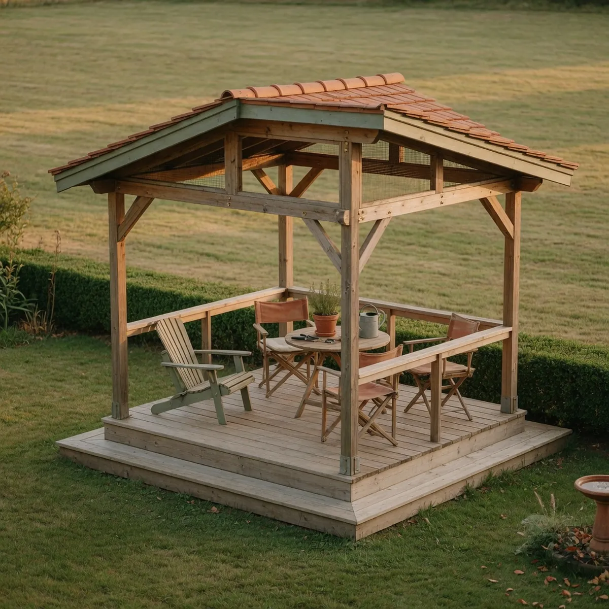 A freestanding wooden gazebo with open walls, a raised deck, and seating arranged inside.