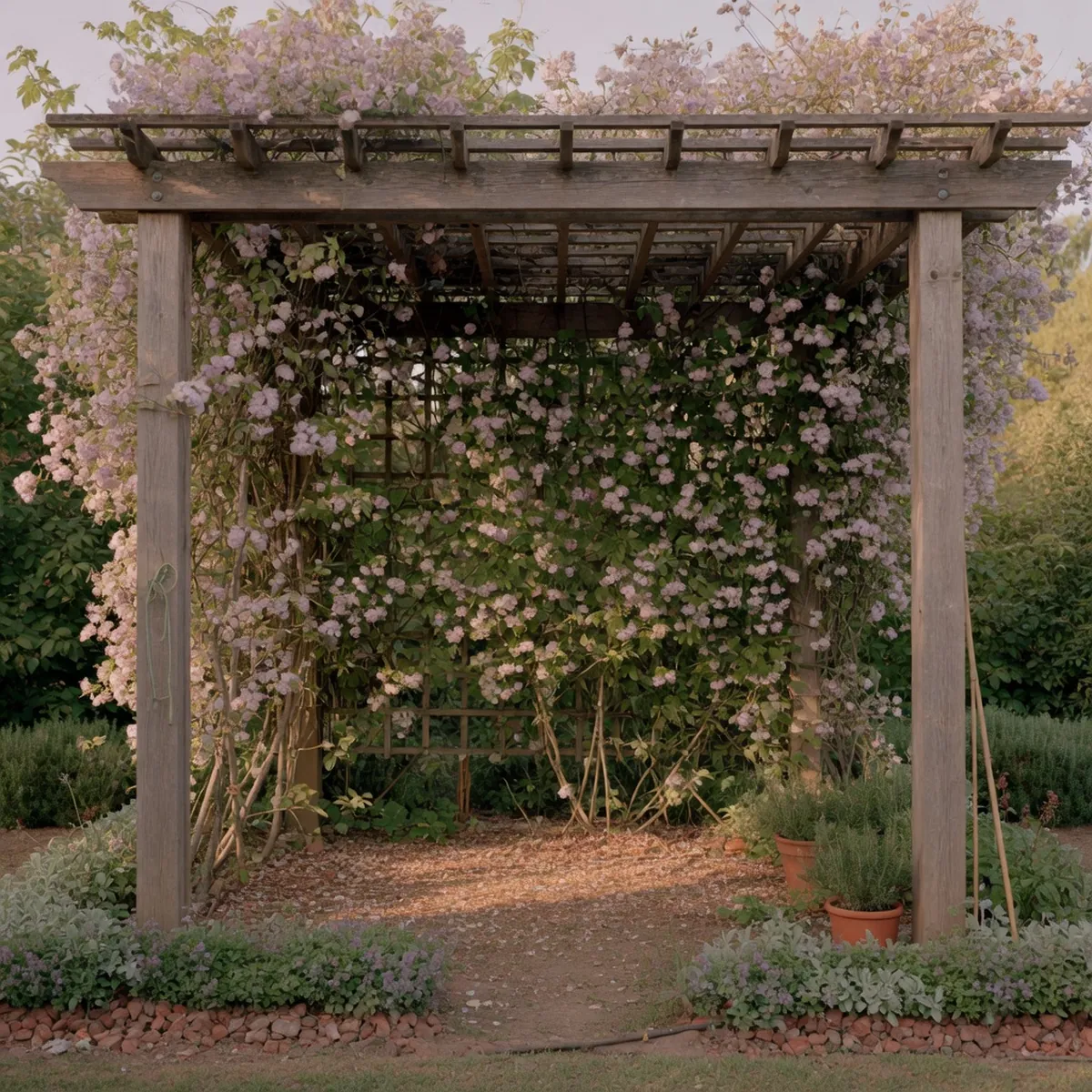 A wooden pergola with an open latticed roof supporting climbing flowering vines.