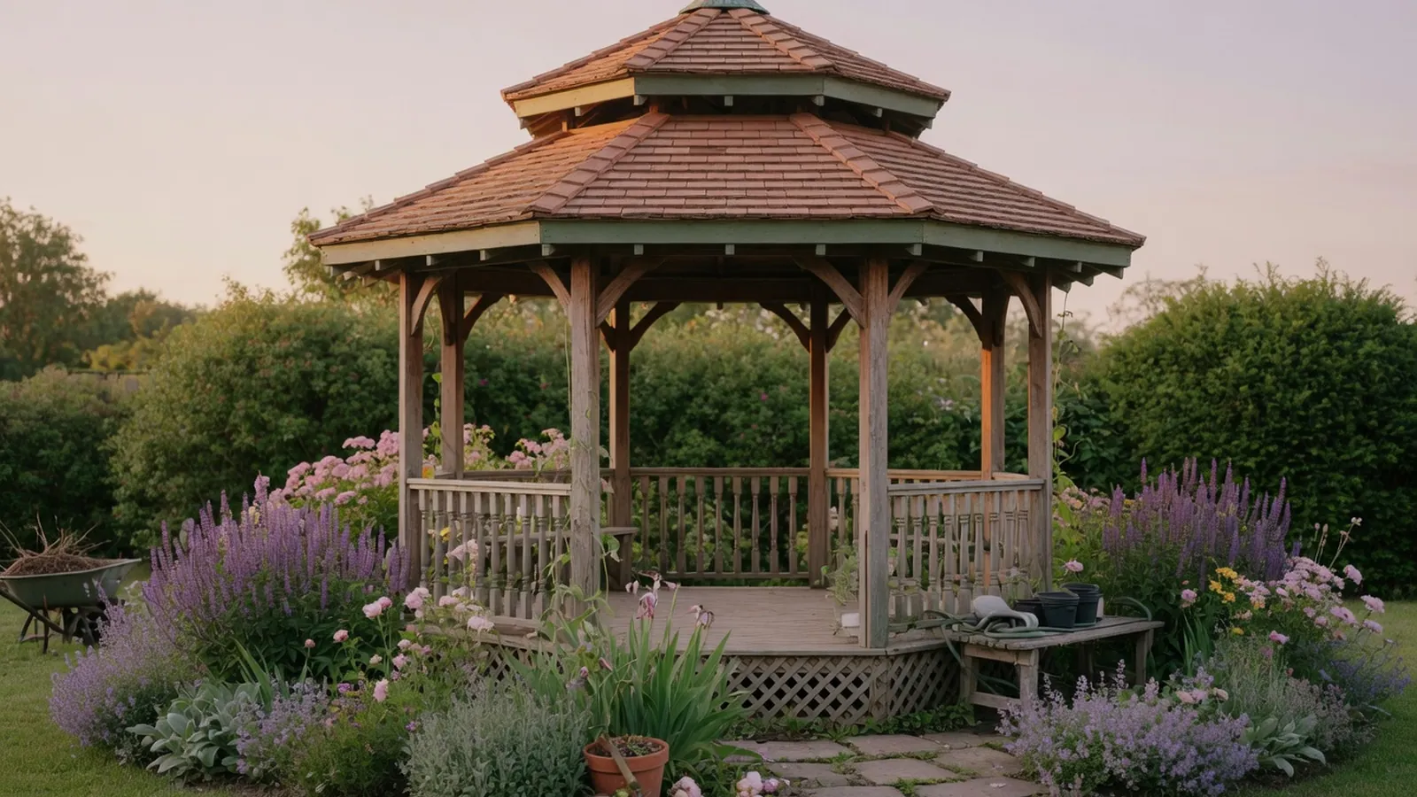 A classic octagonal wooden gazebo with a solid roof standing in a lush garden.