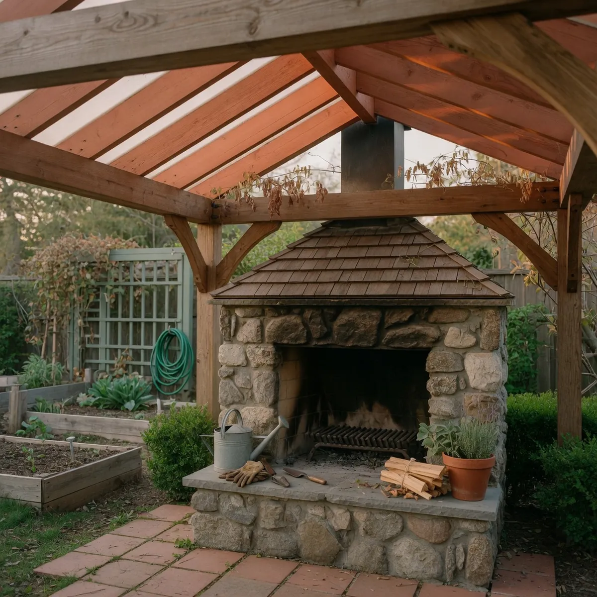 A stone outdoor fireplace situated beneath a sturdy wooden gazebo roof, surrounded by garden foliage.