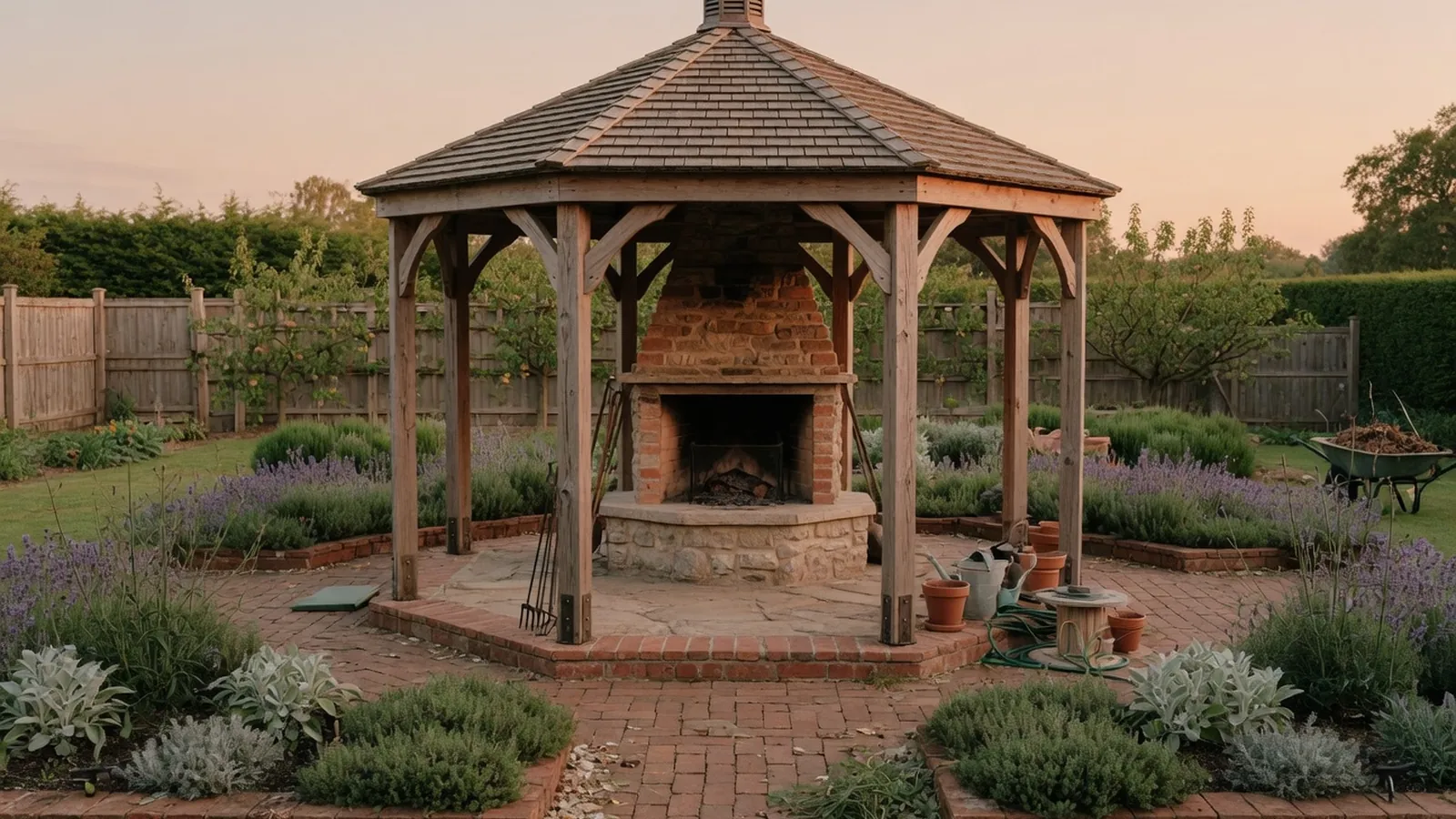 A freestanding octagonal wooden gazebo with a central outdoor fireplace, set against a lush garden backdrop.