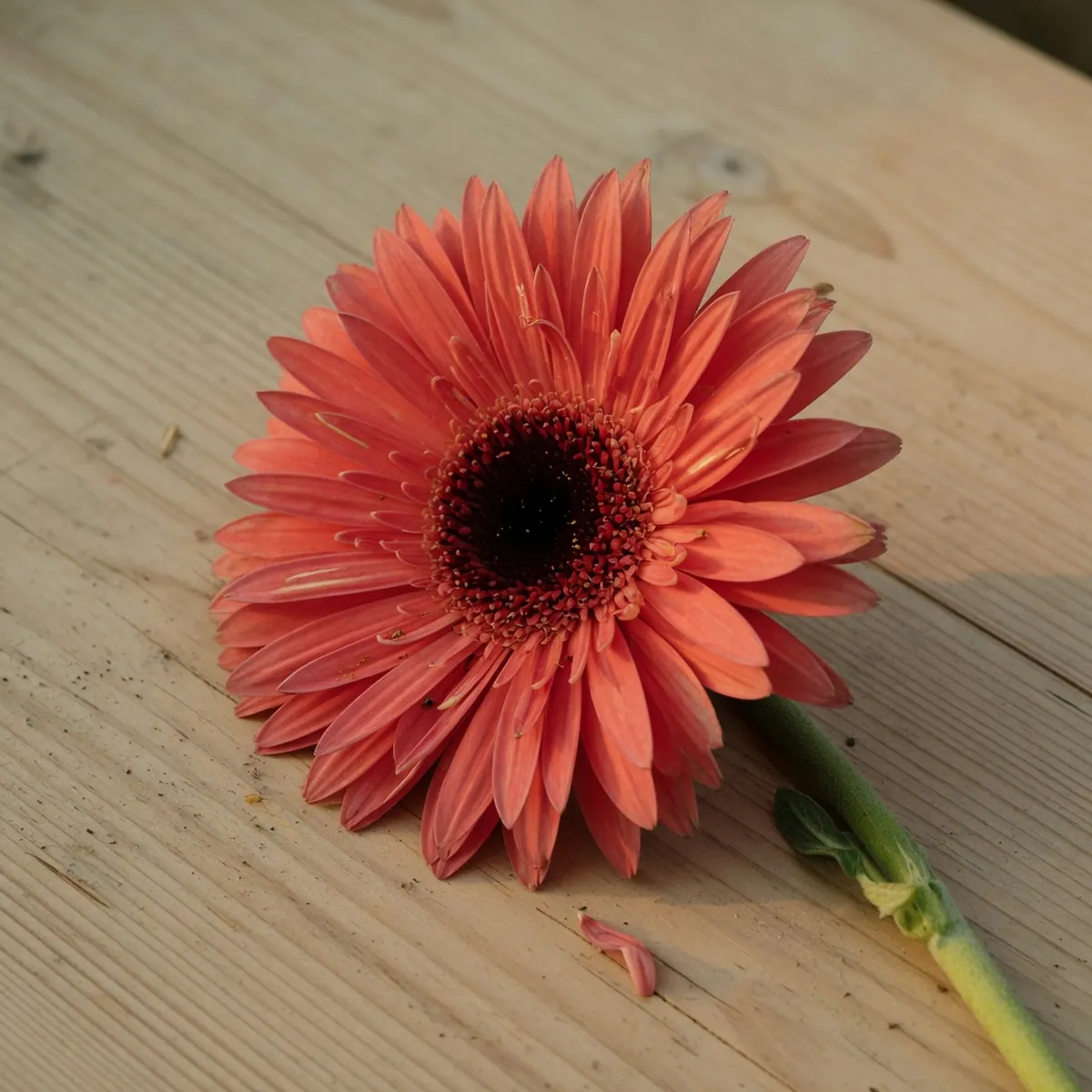 A bright Gerbera daisy with satiny petals and a prominent dark center.