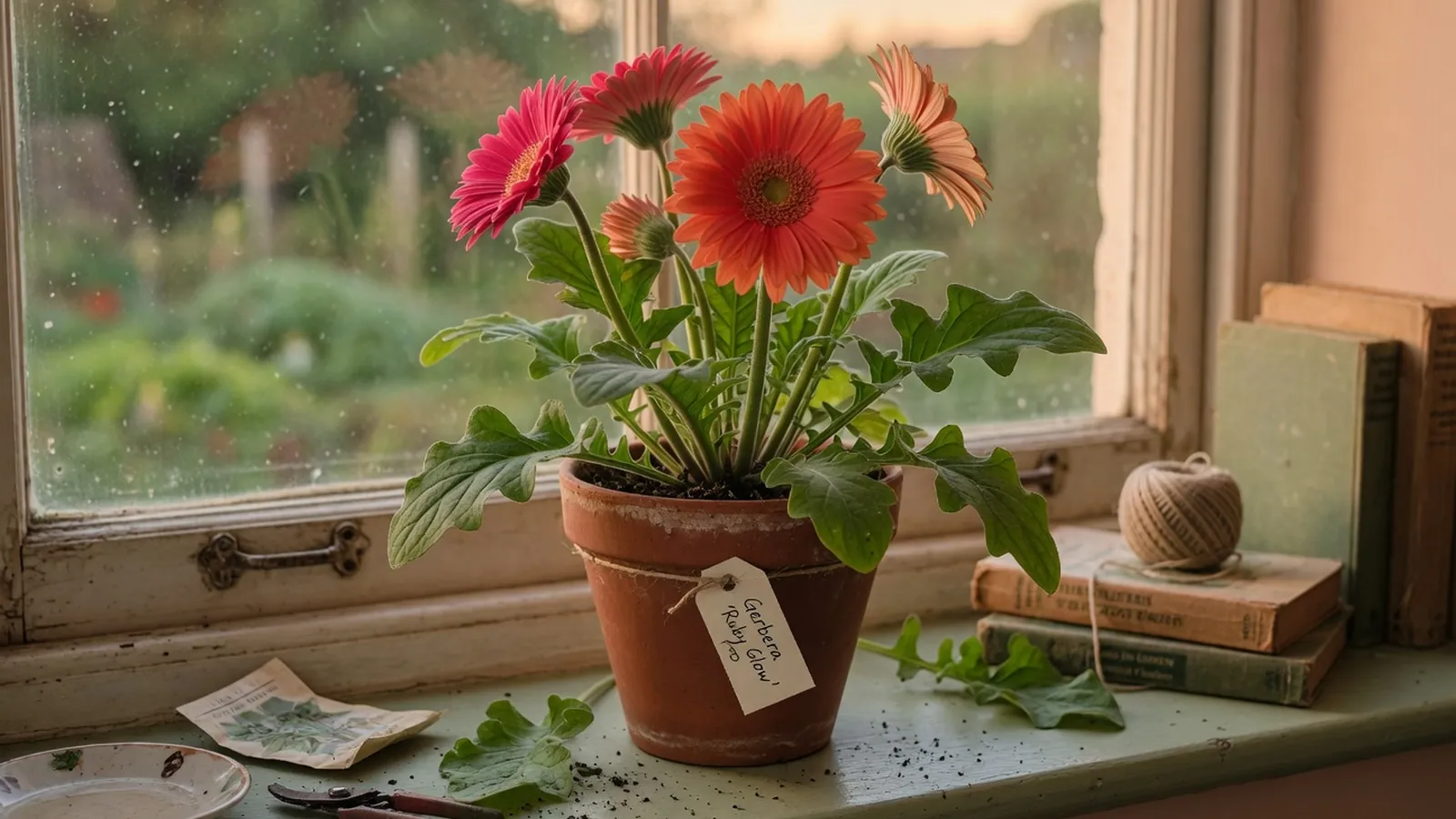 A healthy potted Gerbera daisy in full bloom on a bright windowsill.
