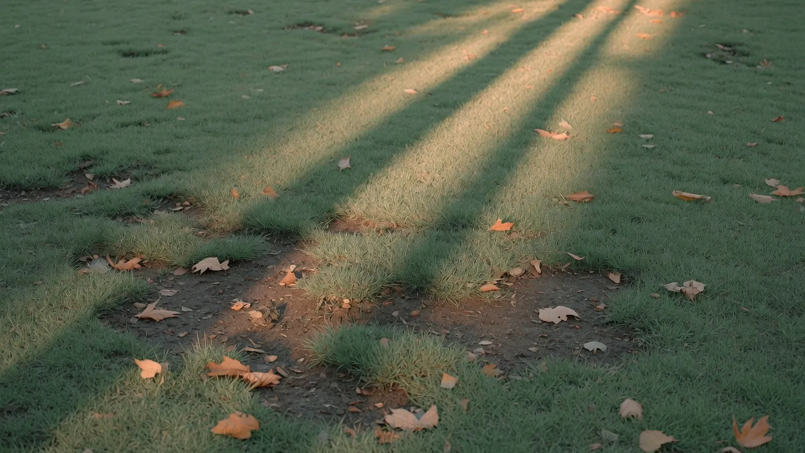 A sun-dappled green lawn with patches of shaded soil and scattered dry leaves.