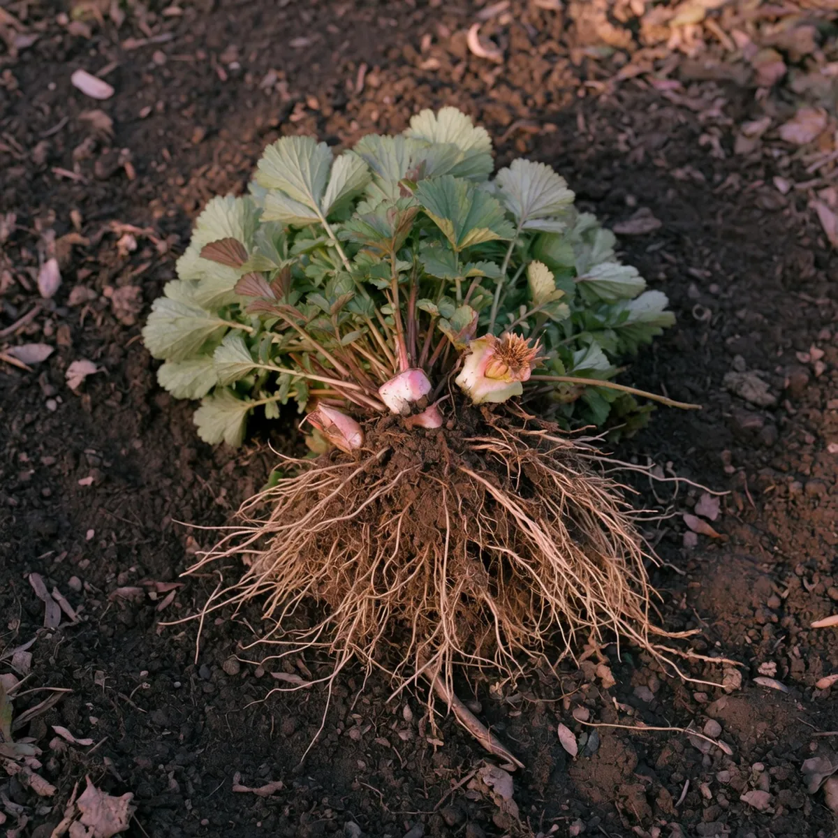 A freshly divided geum clump resting on dark soil with visible roots and green foliage.