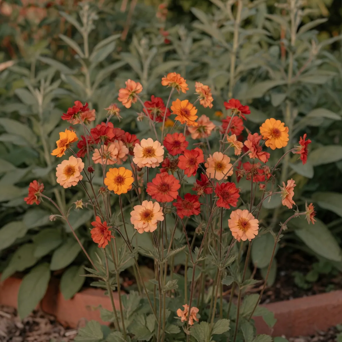 A dense cluster of hybrid geum flowers in vibrant shades of orange and red blooming on slender stems.