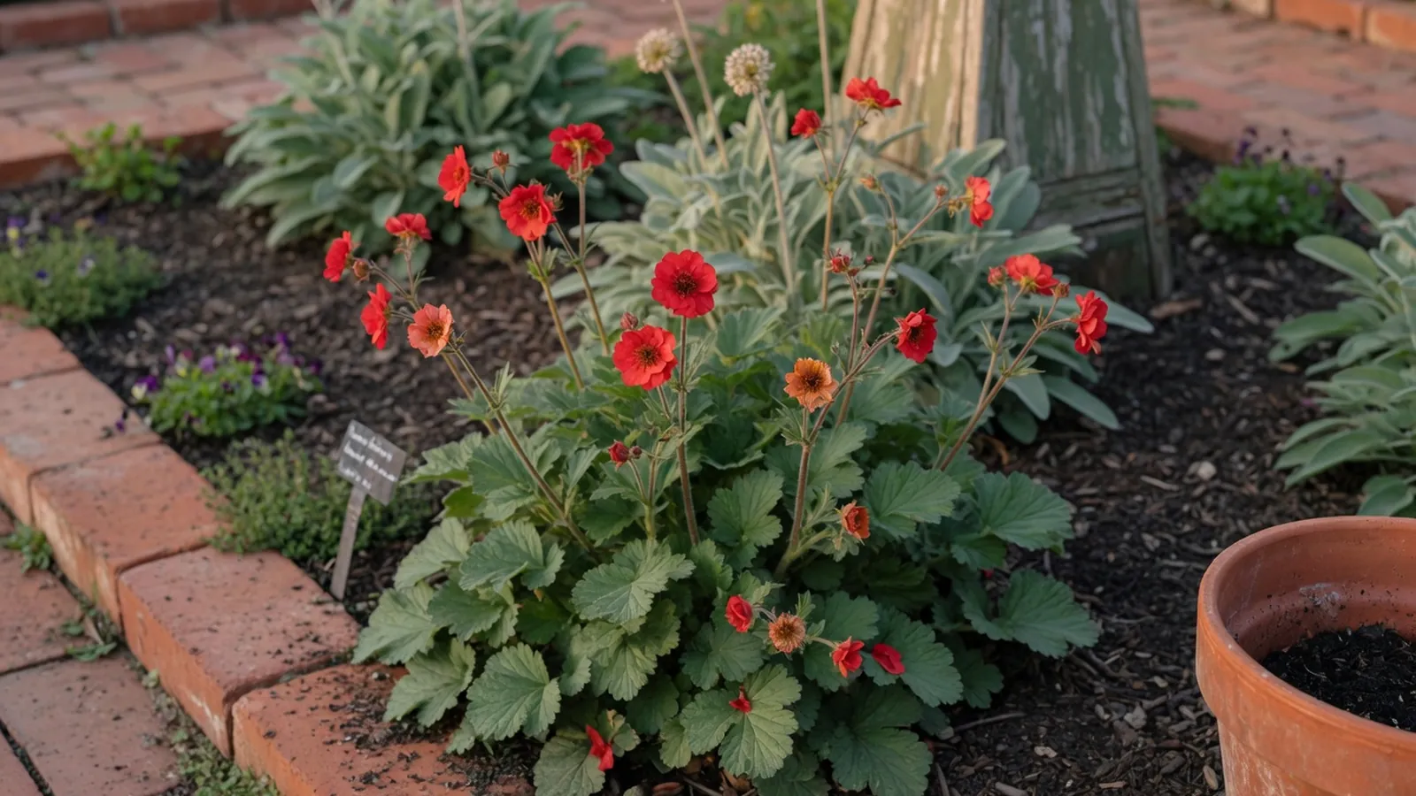 A healthy geum plant displaying vibrant red flowers and lush green foliage in a garden bed.